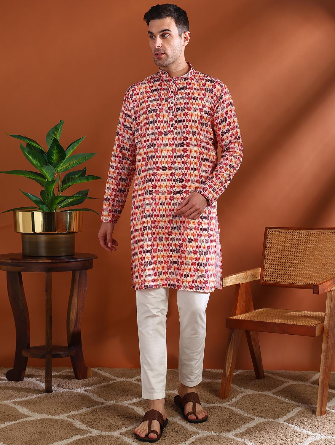 men printed mandarin neck long kurta