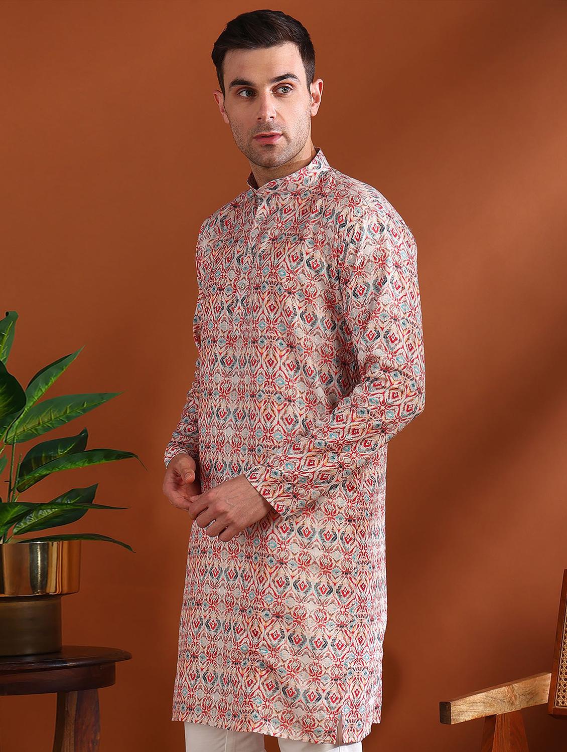 men printed mandarin neck long kurta - 21750731 - Standard Image - 2