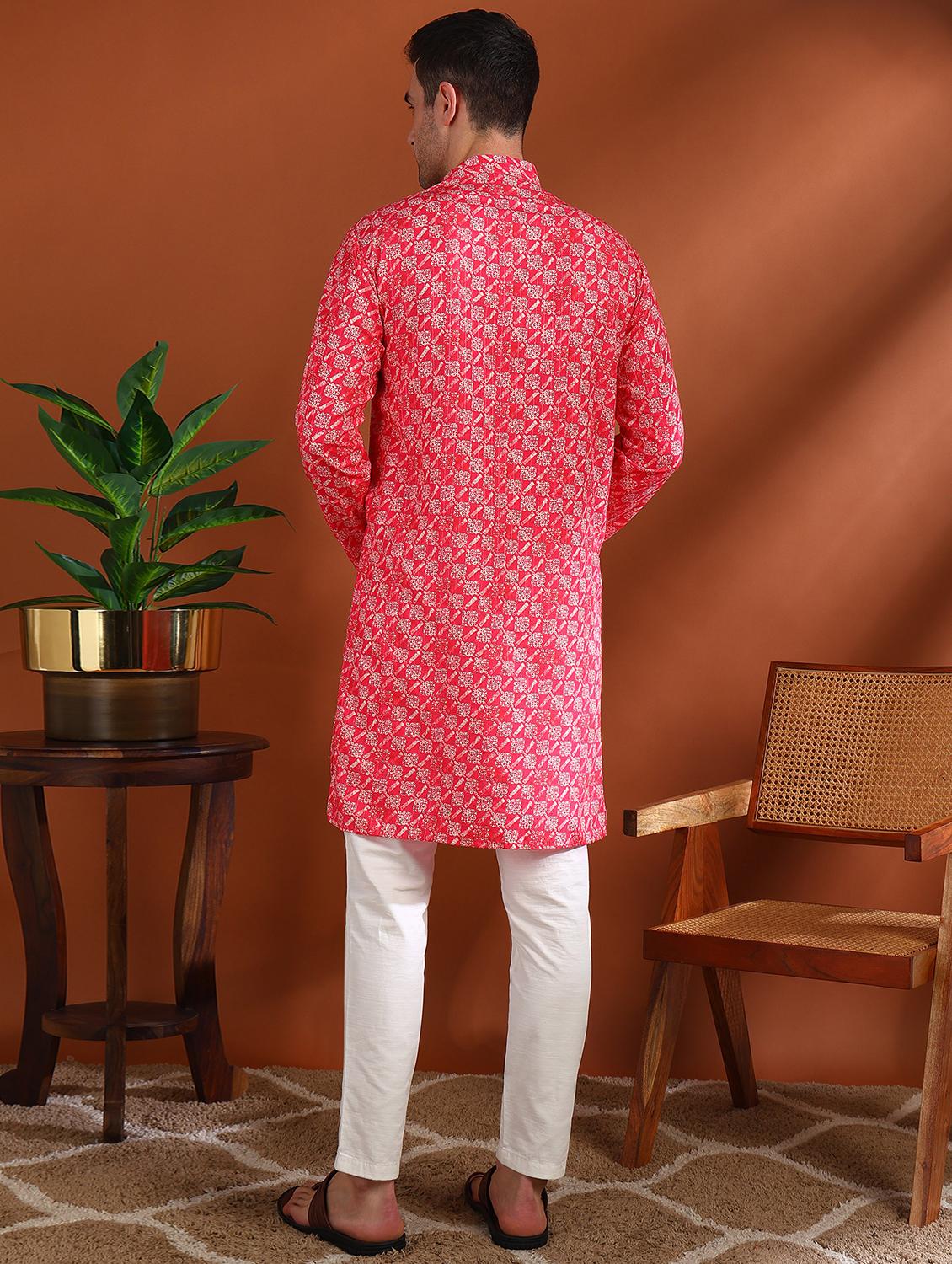 men printed mandarin neck long kurta - 21750733 - Standard Image - 2