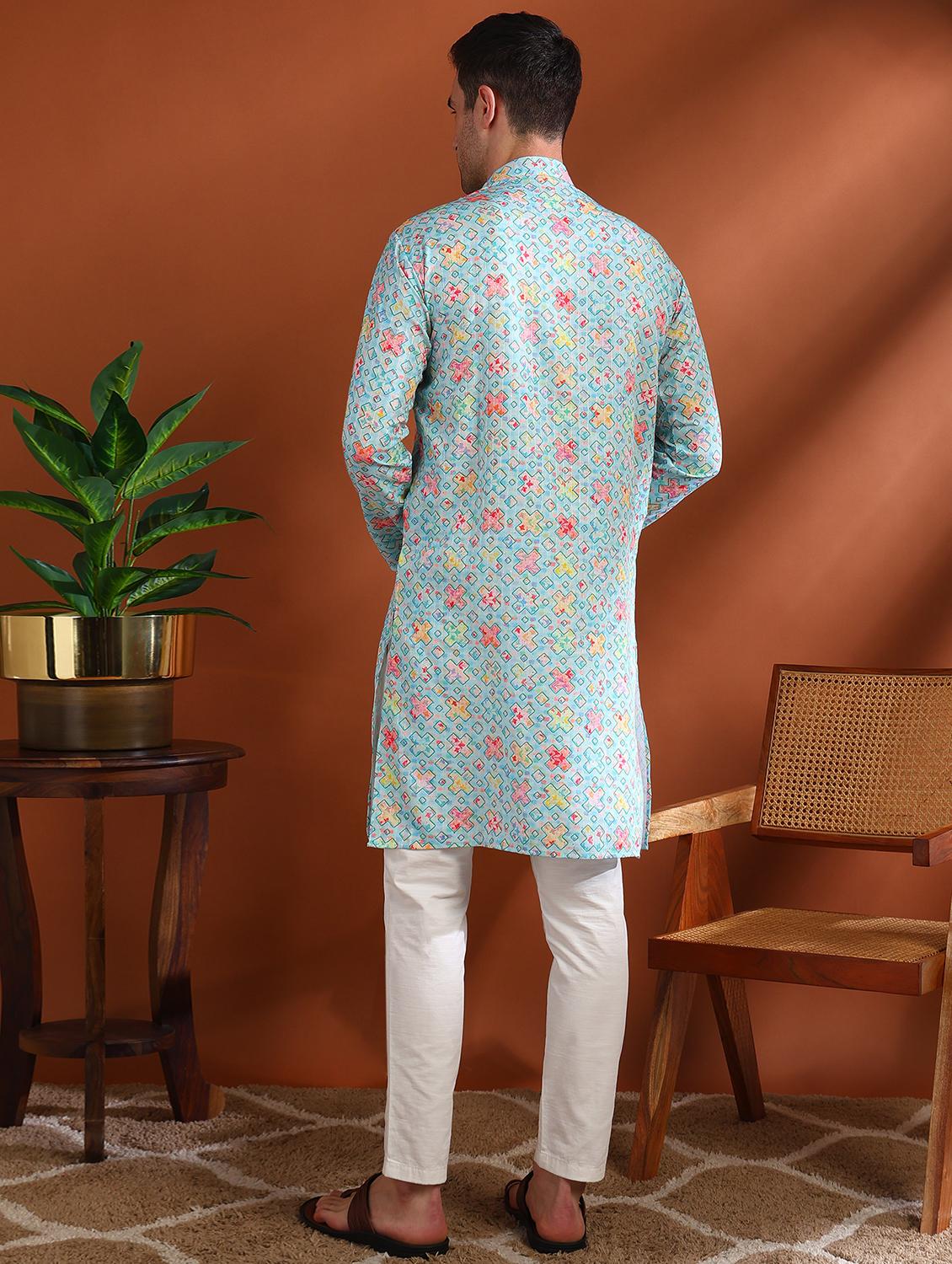 men printed mandarin neck long kurta - 21750734 - Standard Image - 2