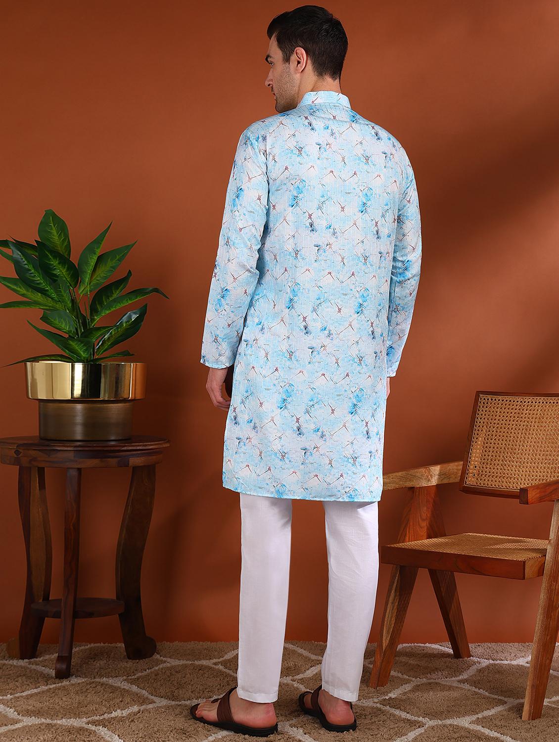 men printed mandarin neck long kurta - 21750735 - Standard Image - 2