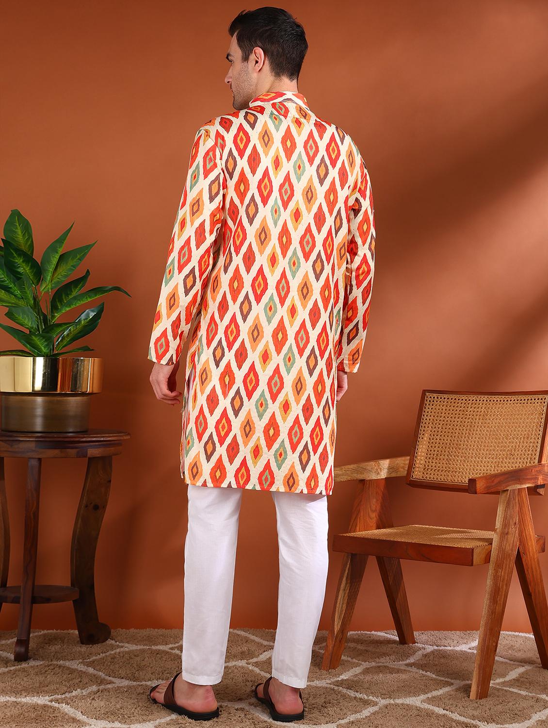 men printed mandarin neck long kurta - 21750737 - Standard Image - 2