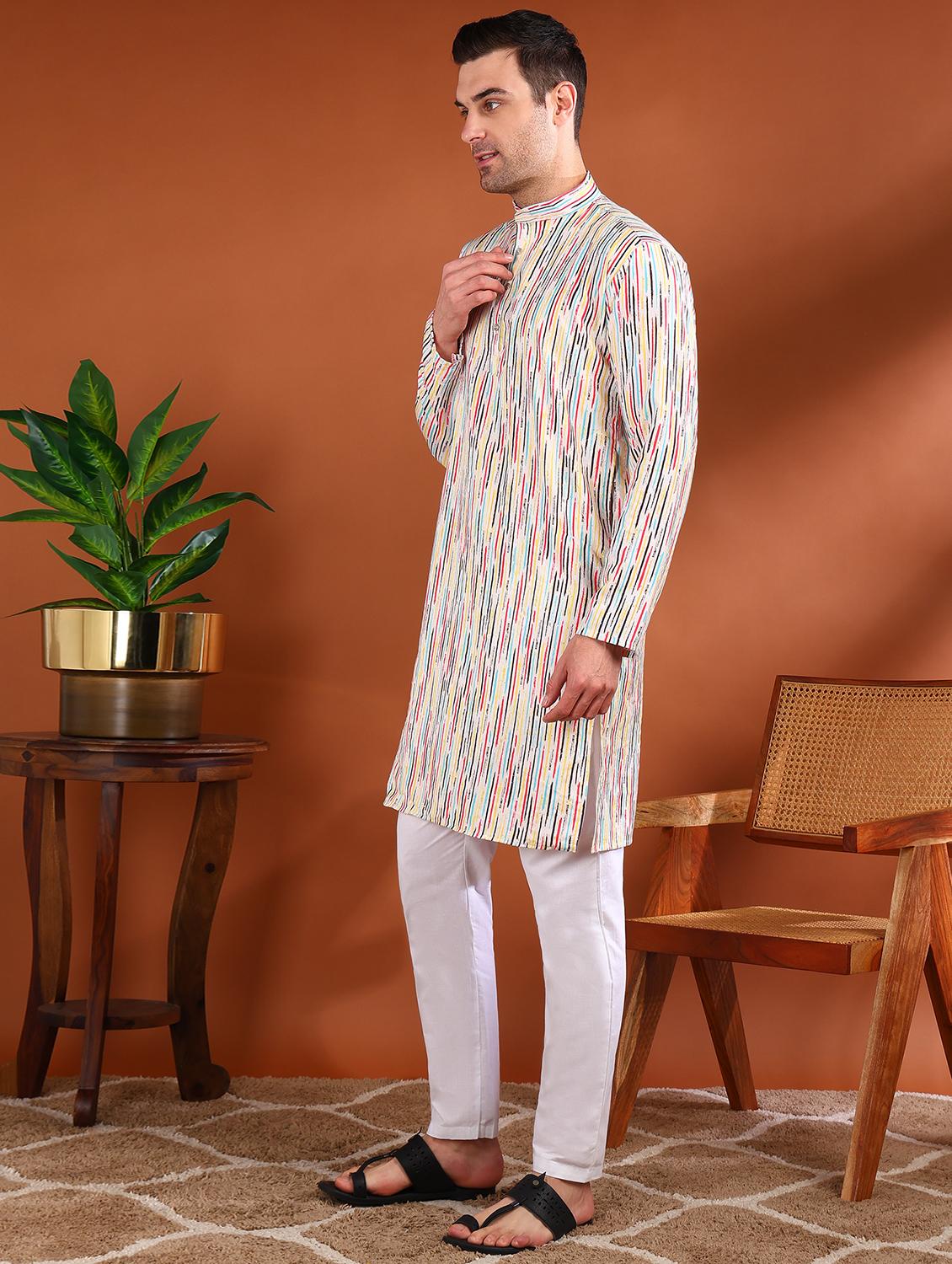 men printed mandarin neck long kurta - 21750739 - Standard Image - 2
