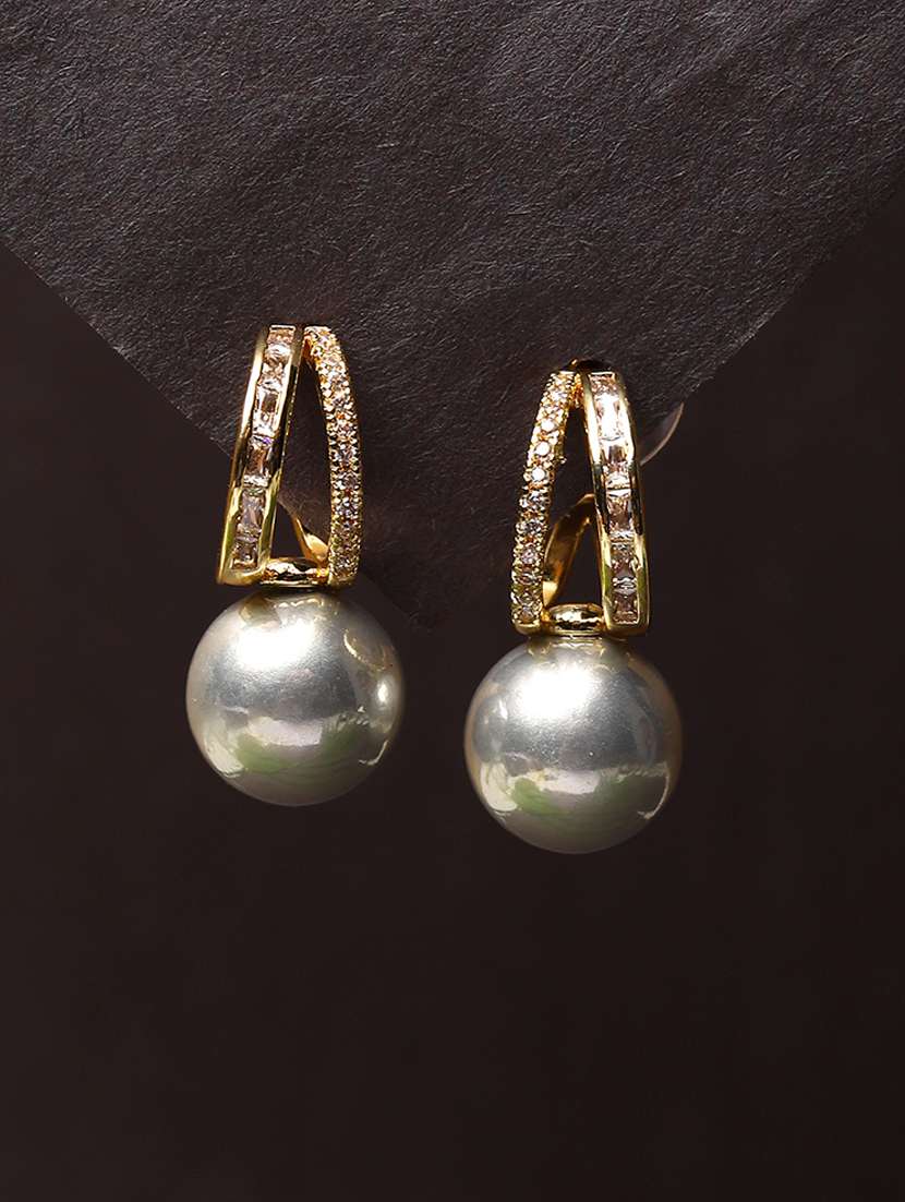 women stone studded pearl detailed drop earrings