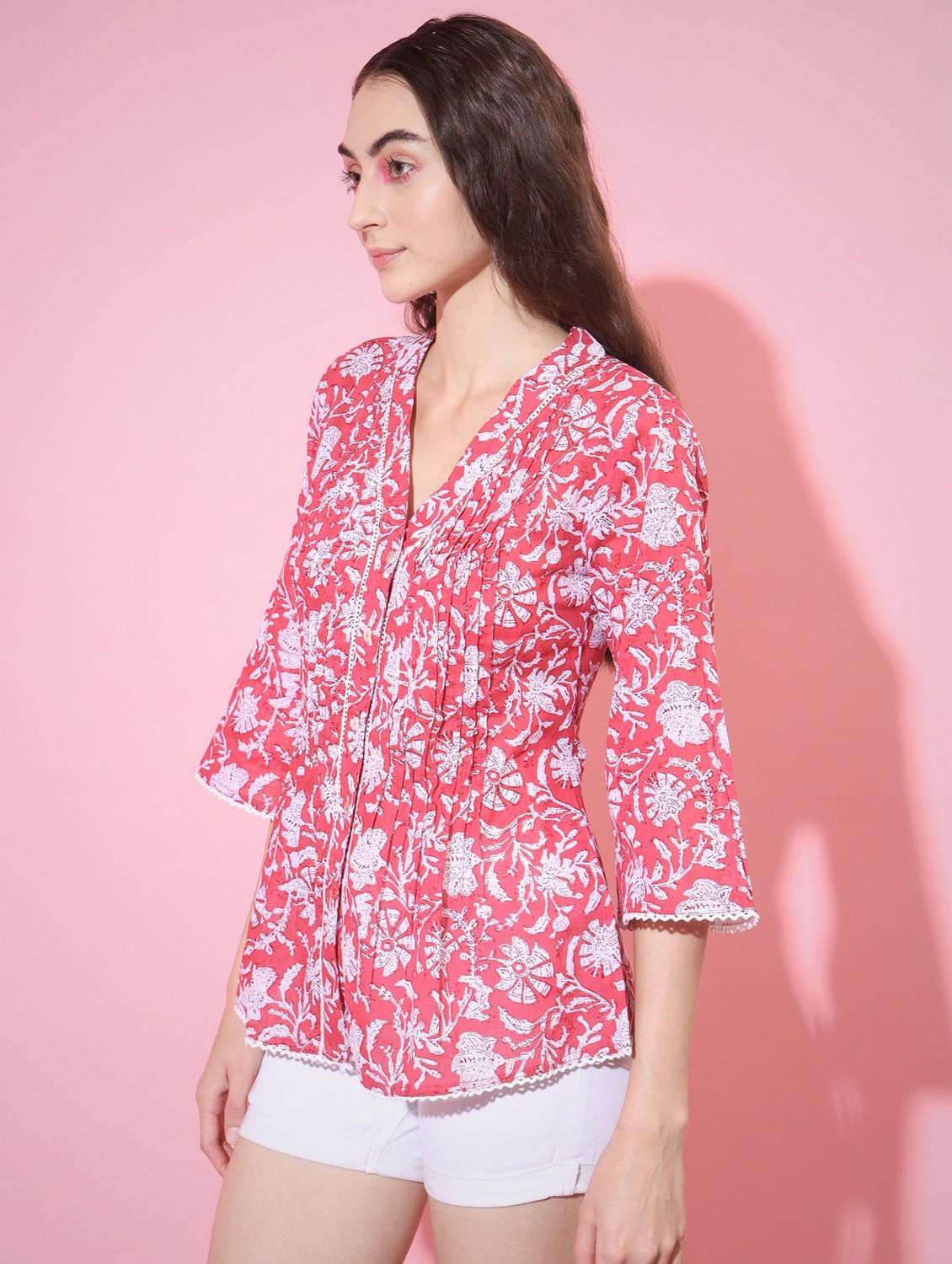 women floral printed v neck top - 21750974 - Standard Image - 2