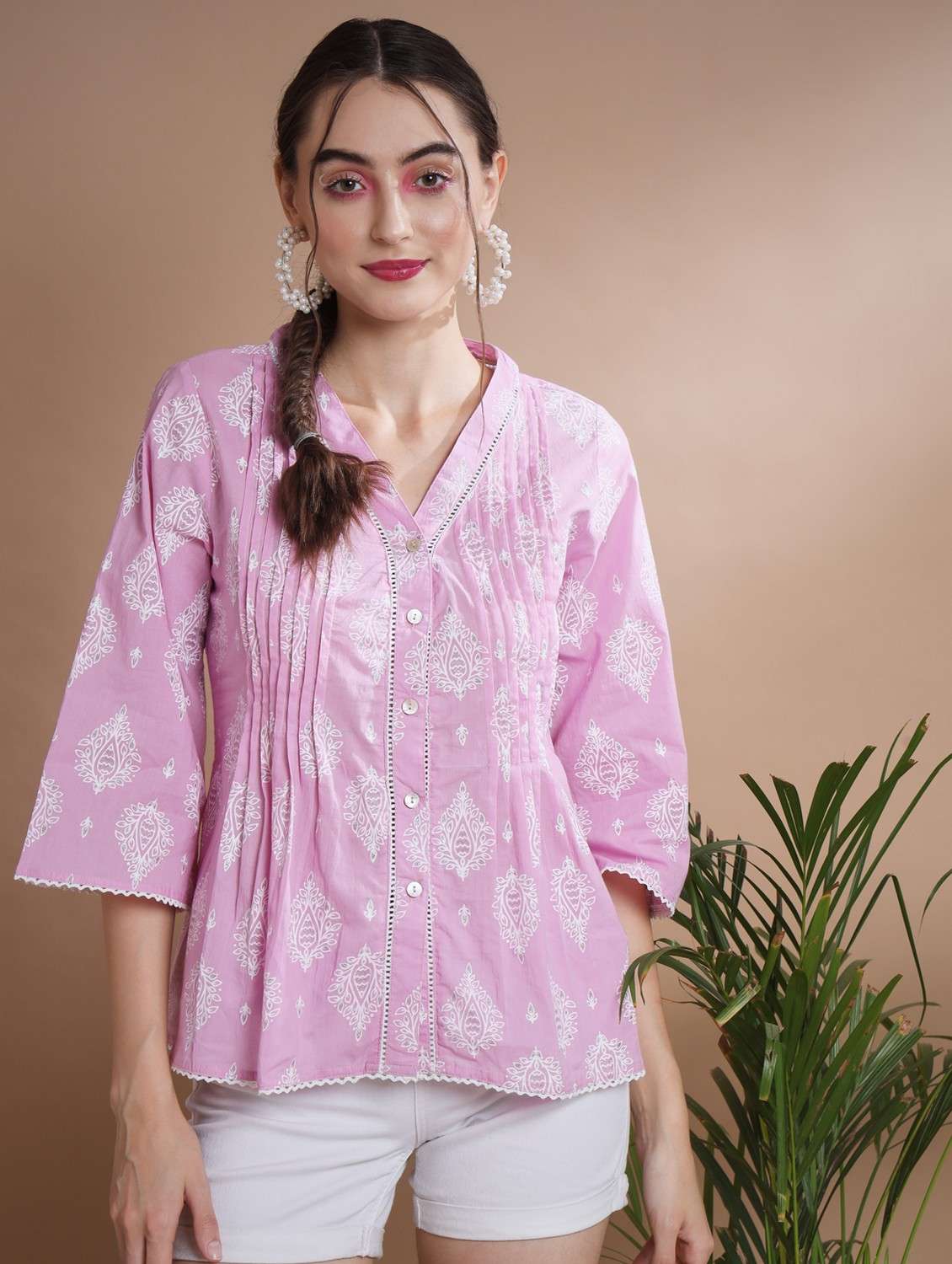 women pink block printed a-line top