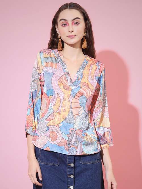 women multi color printed v neck top - 21750976 -  Standard Image - 0