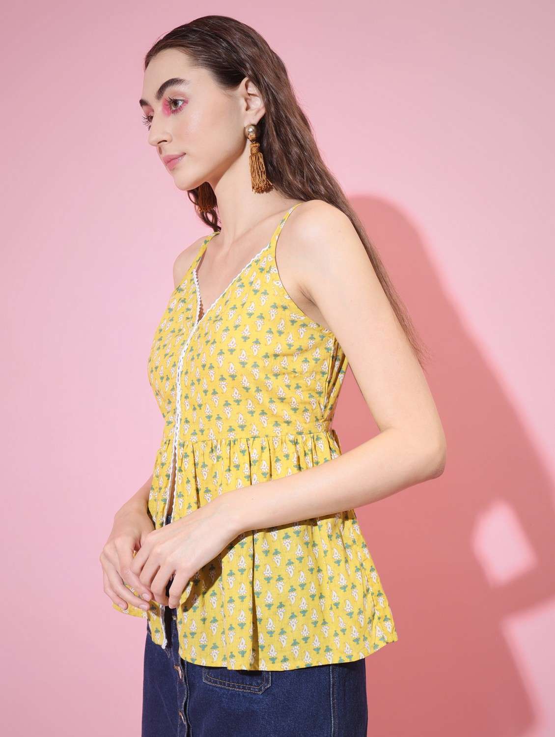  women yellow pailsley printed sweetheart neck  top - 21750977 -  Standard Image - 2