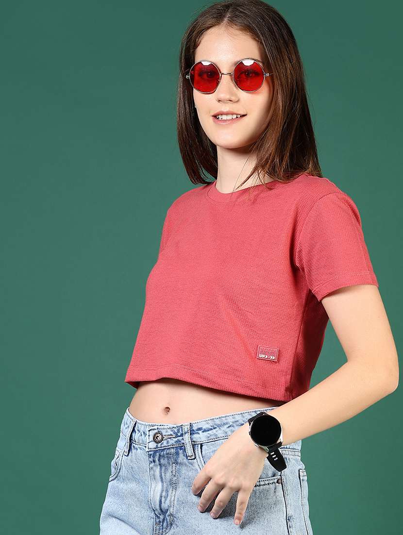 women solid short sleeve regular fit crop t-shirt