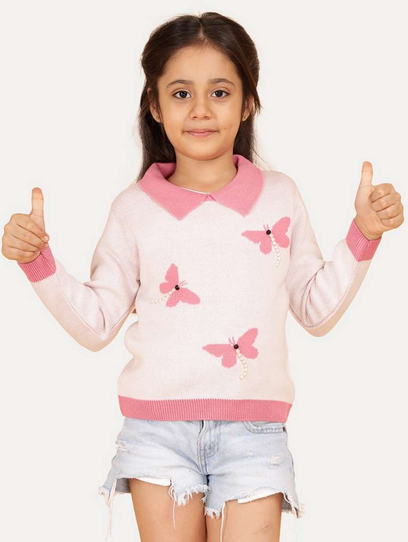 girls self designed embellished long sleeves sweater