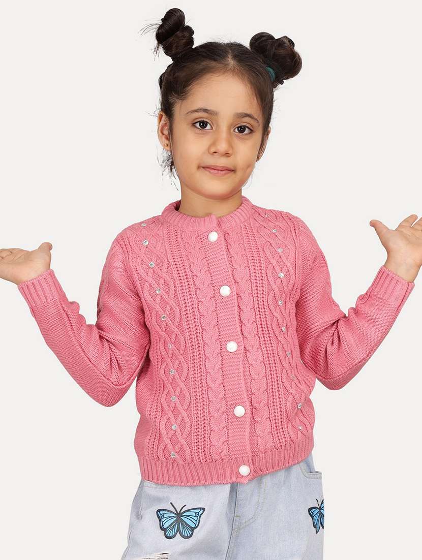 girls solid front open long sleeves sweater