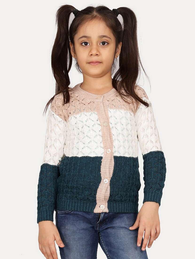 girls color blocked front open long sleeves sweater