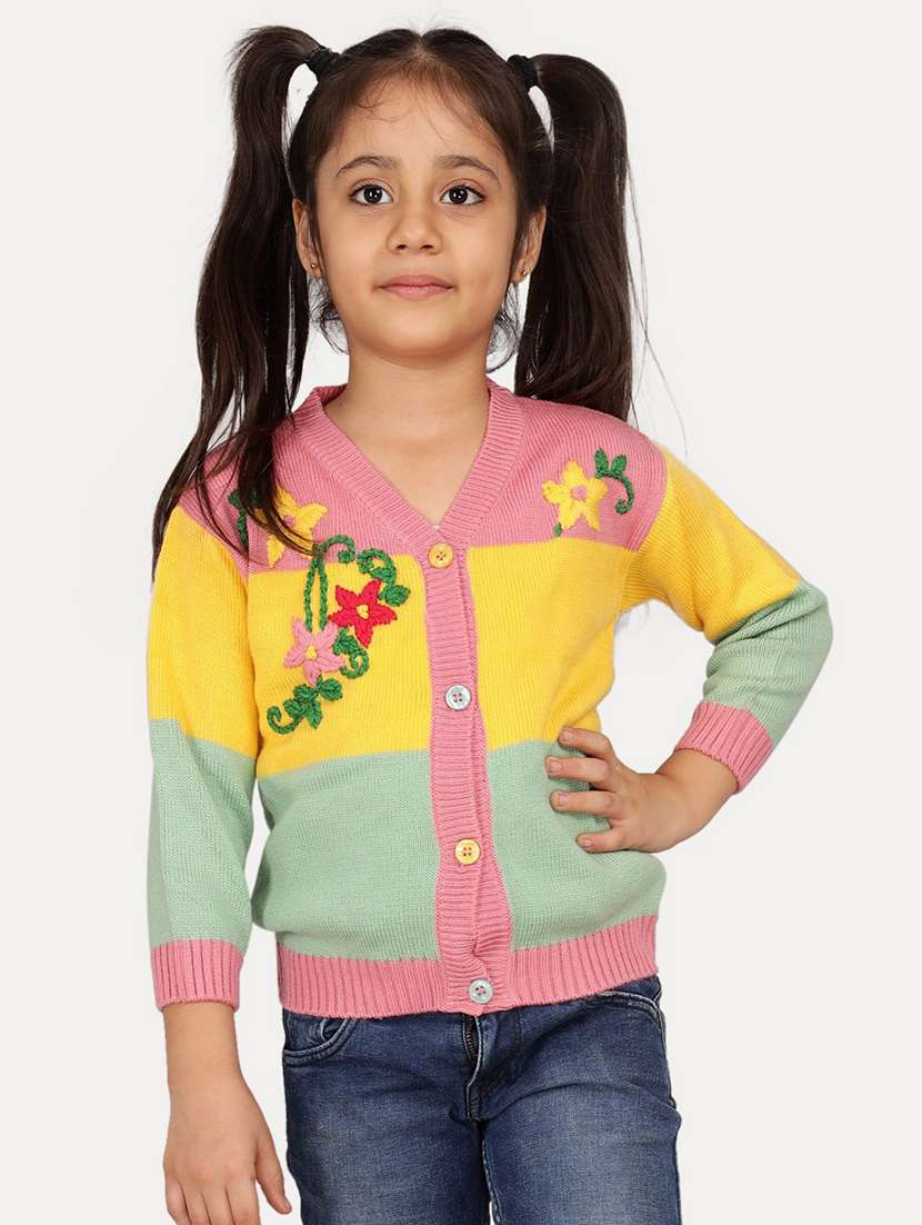 girls color blocked front open long sleeves sweater