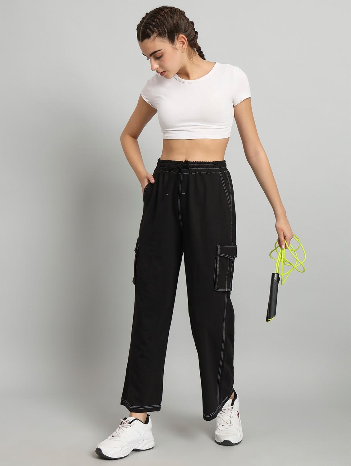women solid relaxed fit mid rise cargo - 21762252 - Standard Image - 2