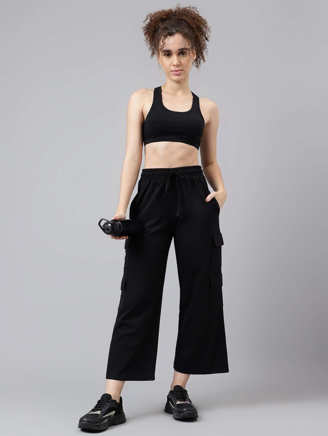 women solid relaxed fit mid rise cargo - 21762254 - Standard Image - 2