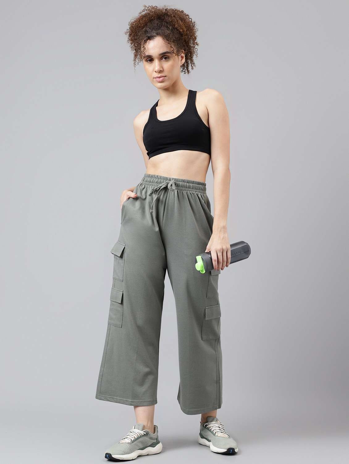women solid relaxed fit mid rise cargo - 21762255 - Standard Image - 2