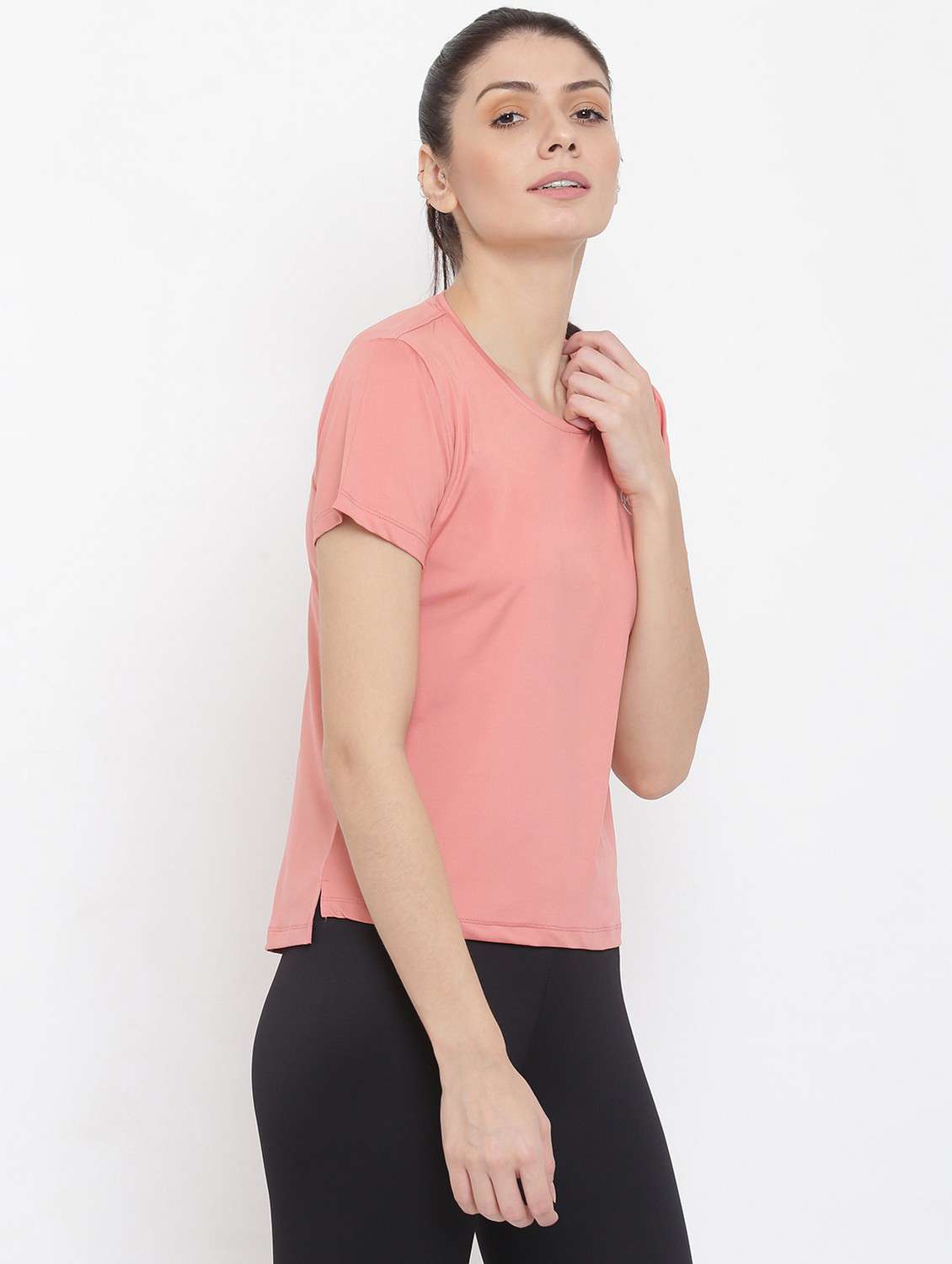 women pink solid round neck t-shirt - 21762584 - Standard Image - 2