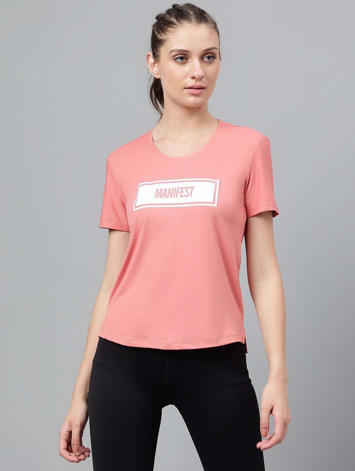 women pink typographic round neck t-shirt