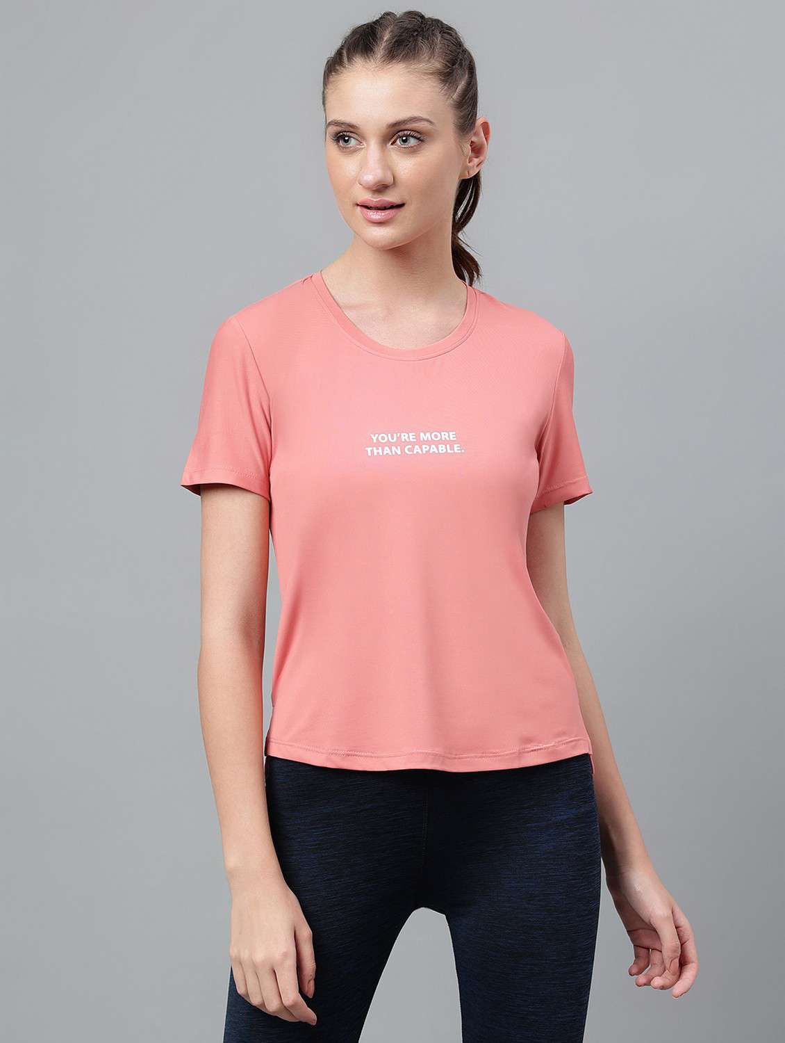 women pink typographic round neck t-shirt
