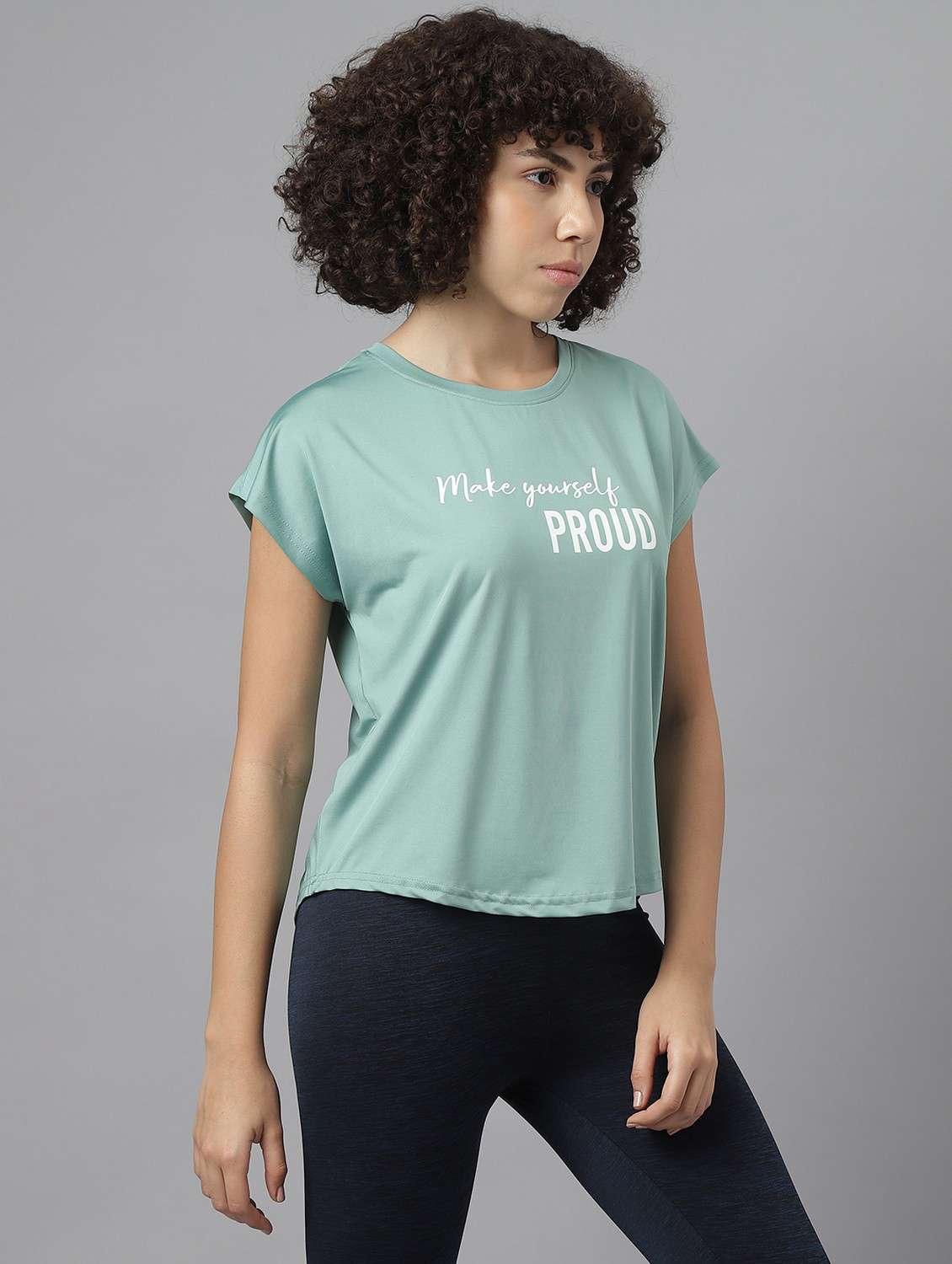 women green typographic round neck t-shirt - 21762615 -  Standard Image - 2