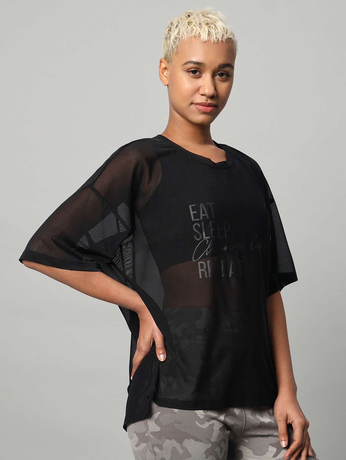 women printed relaxed fit mesh sports t-shirt - 21763285 -  Standard Image - 2