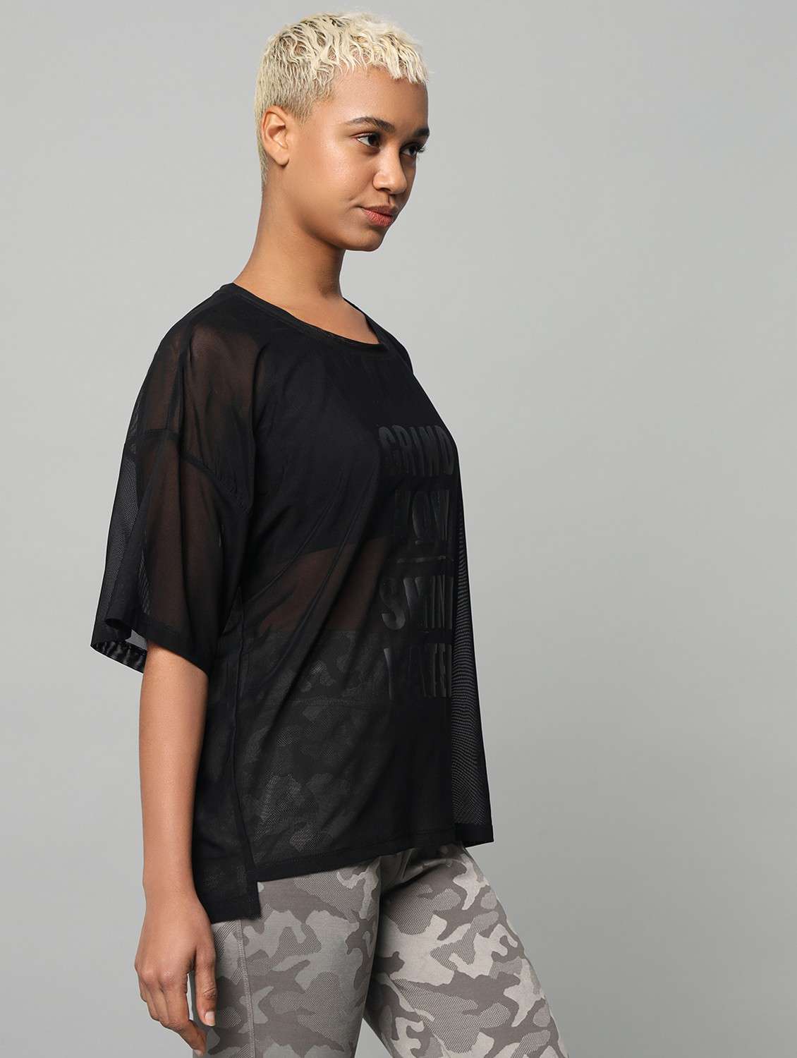 women printed relaxed fit mesh sports t-shirt - 21763289 - Standard Image - 2