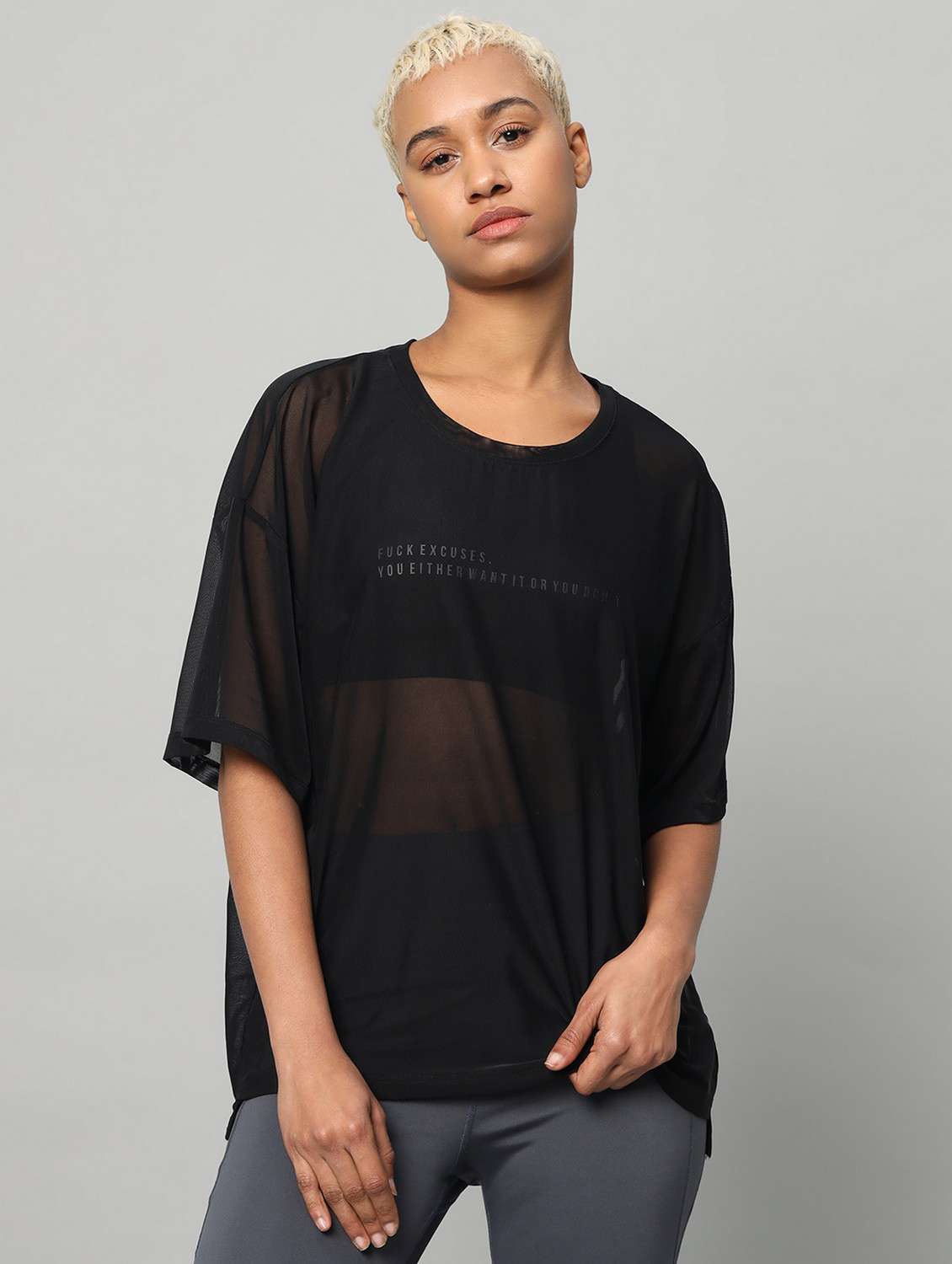 women printed relaxed fit mesh sports t-shirt