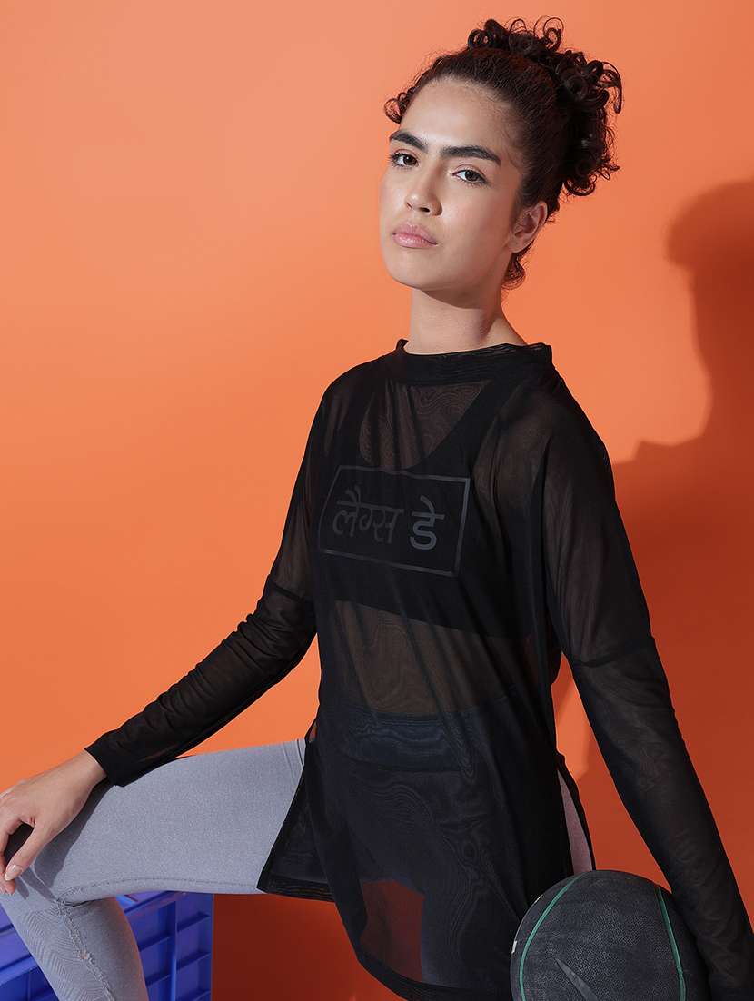 women printed see through sports t-shirt