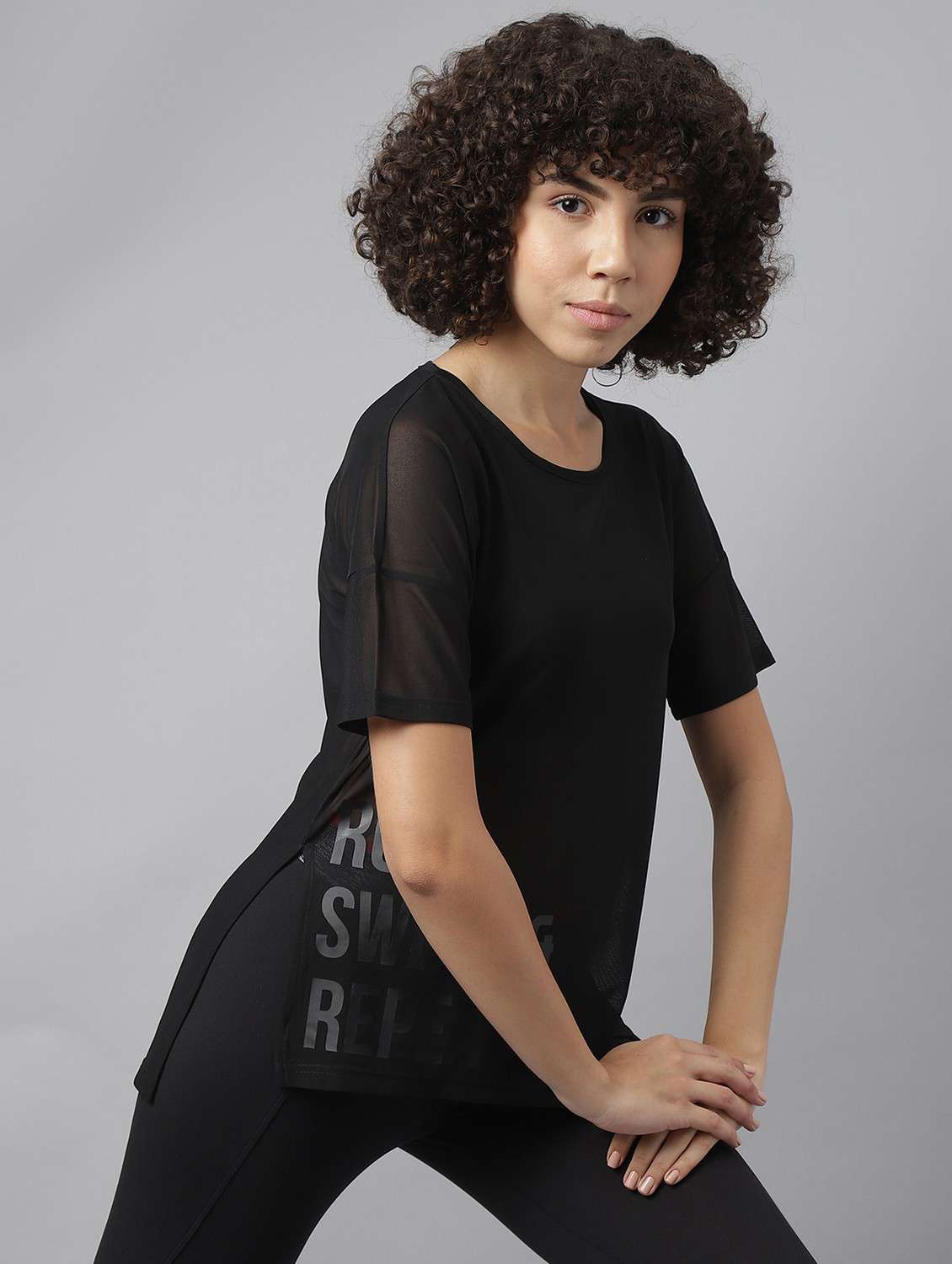 women black typographic round neck sport t-shirt - 21763398 -  Standard Image - 2