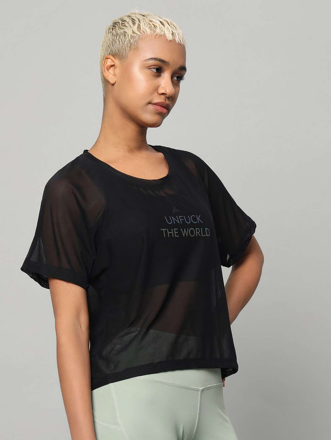 women black typographic round neck sport t-shirt - 21763416 -  Standard Image - 2