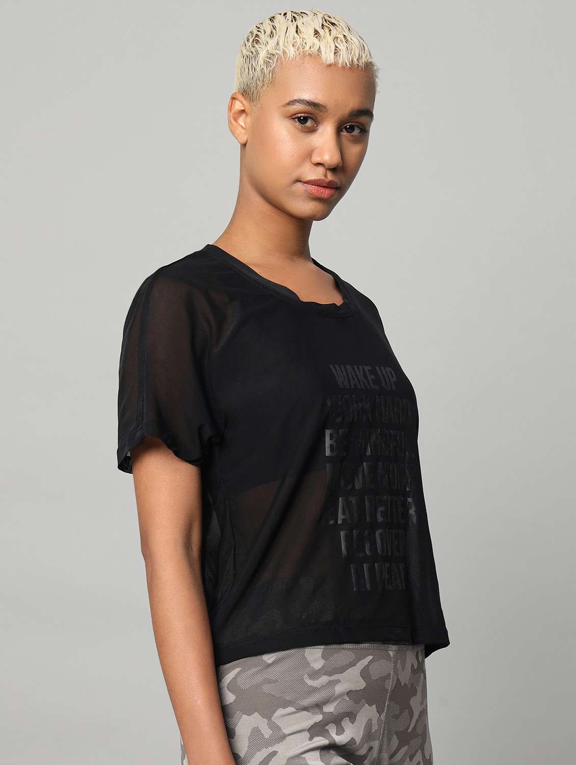 women black typographic round neck sport t-shirt - 21763418 -  Standard Image - 2