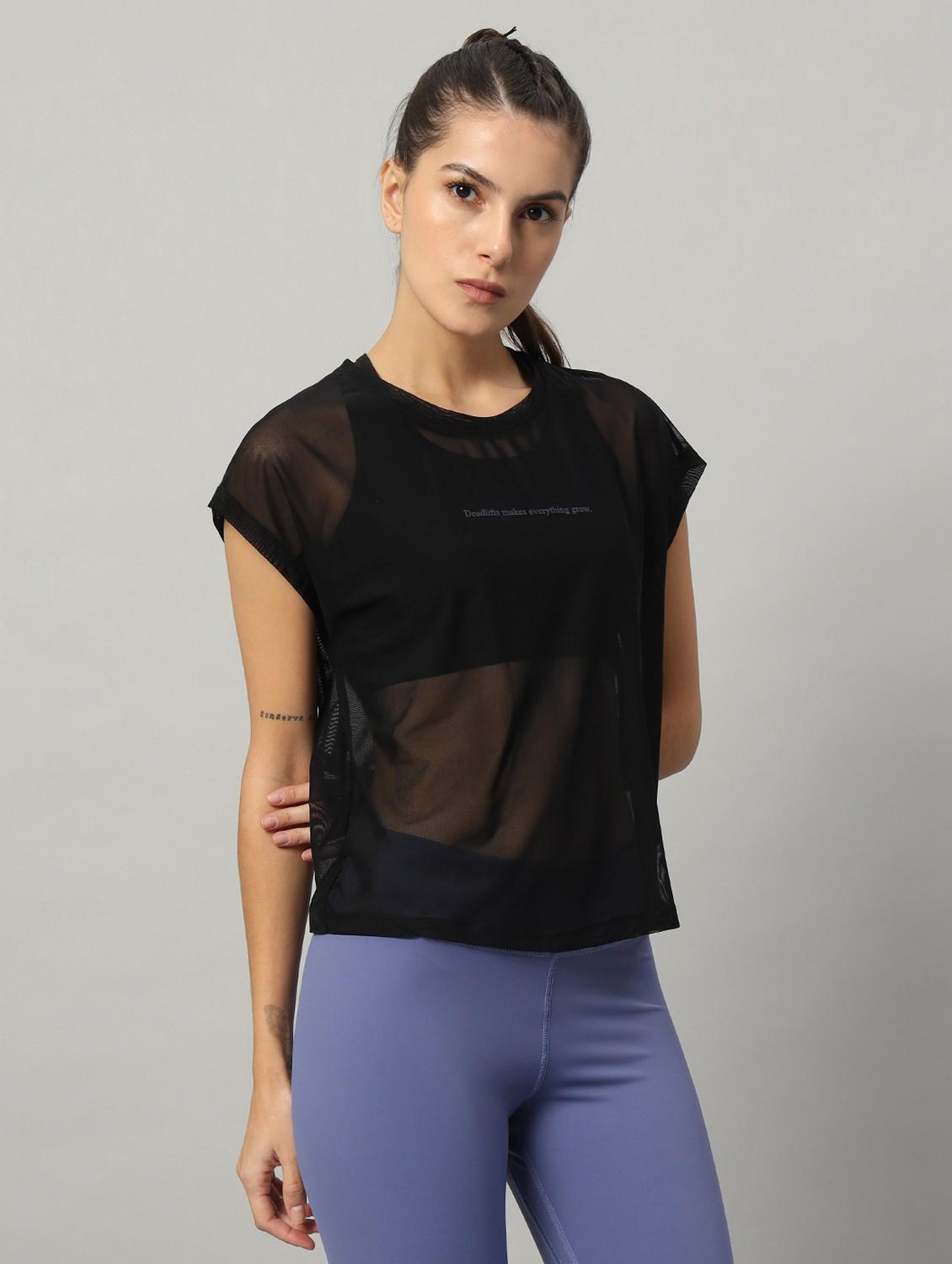 women black typographic round neck sport t-shirt - 21763437 - Standard Image - 2