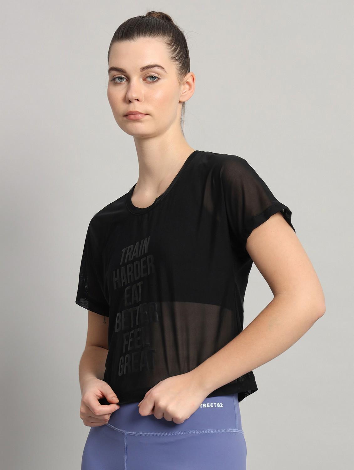 women black typographic round neck sport t-shirt - 21763439 - Standard Image - 2