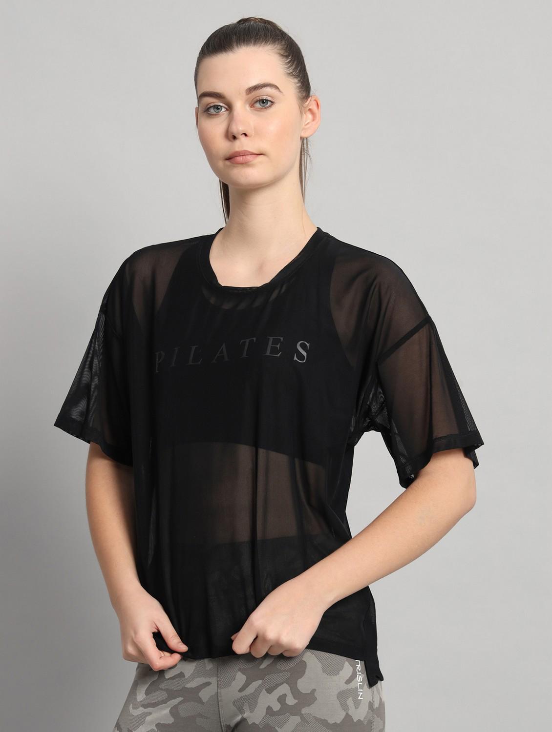 women black typographic round neck sport t-shirt - 21763447 - Standard Image - 2