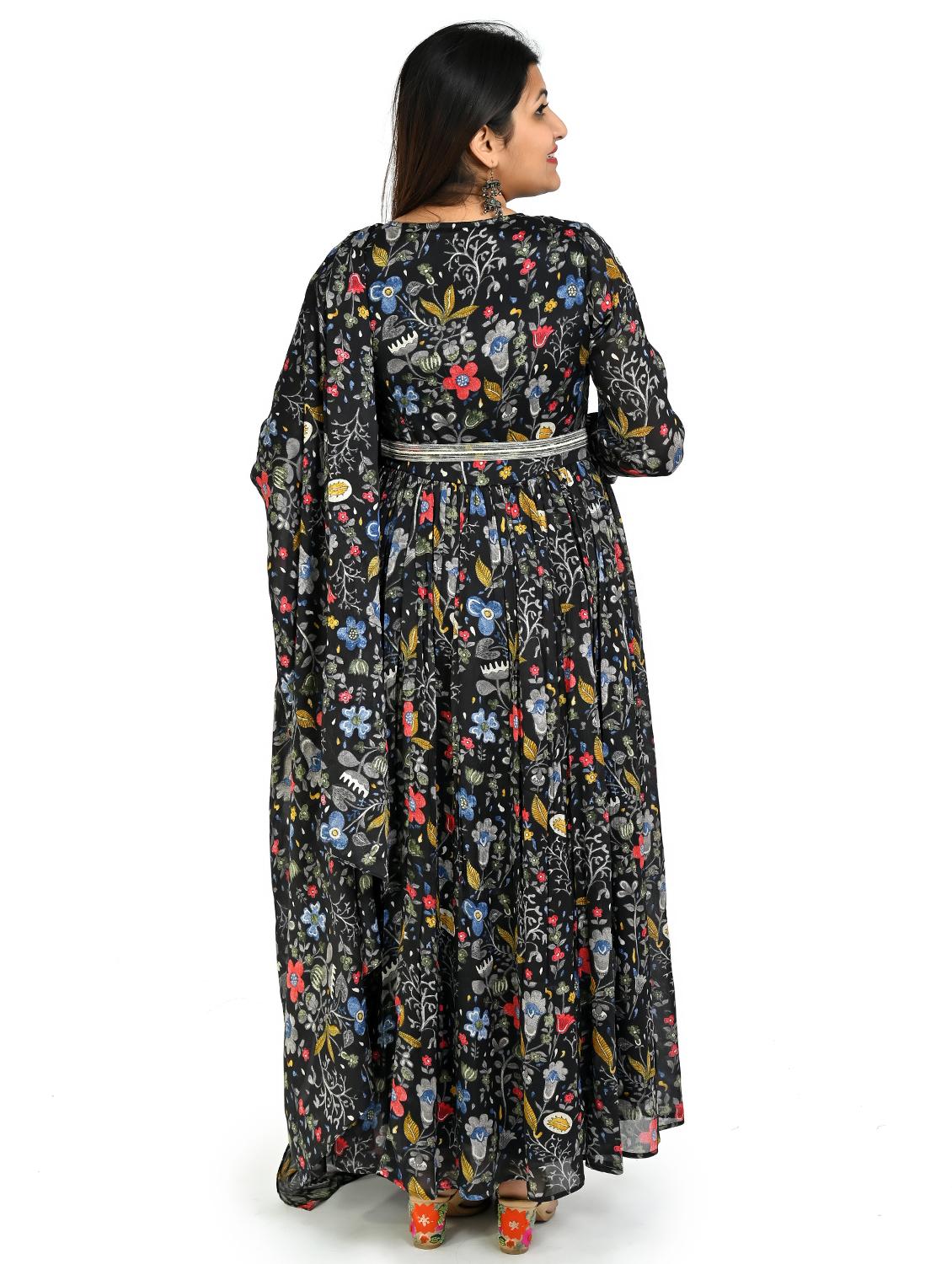women black floral printed long sleeve kurta dupatta set - 21764185 - Standard Image - 2