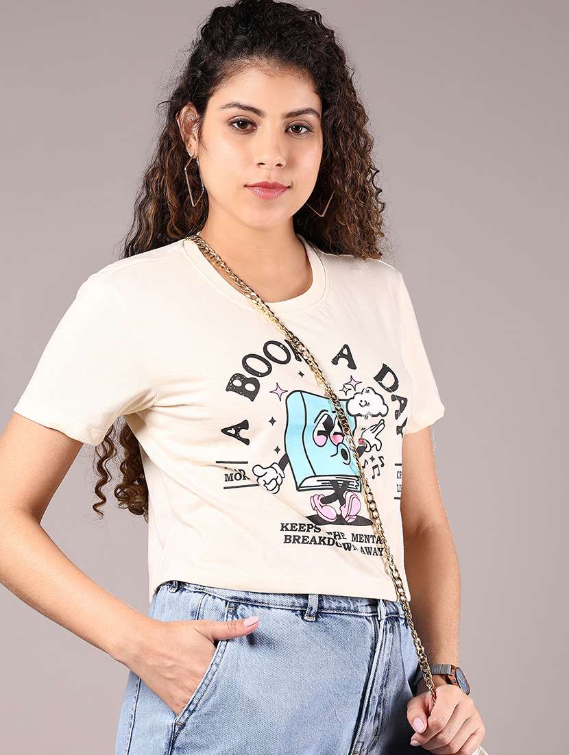 women printed short sleeve regular fit crop t-shirt