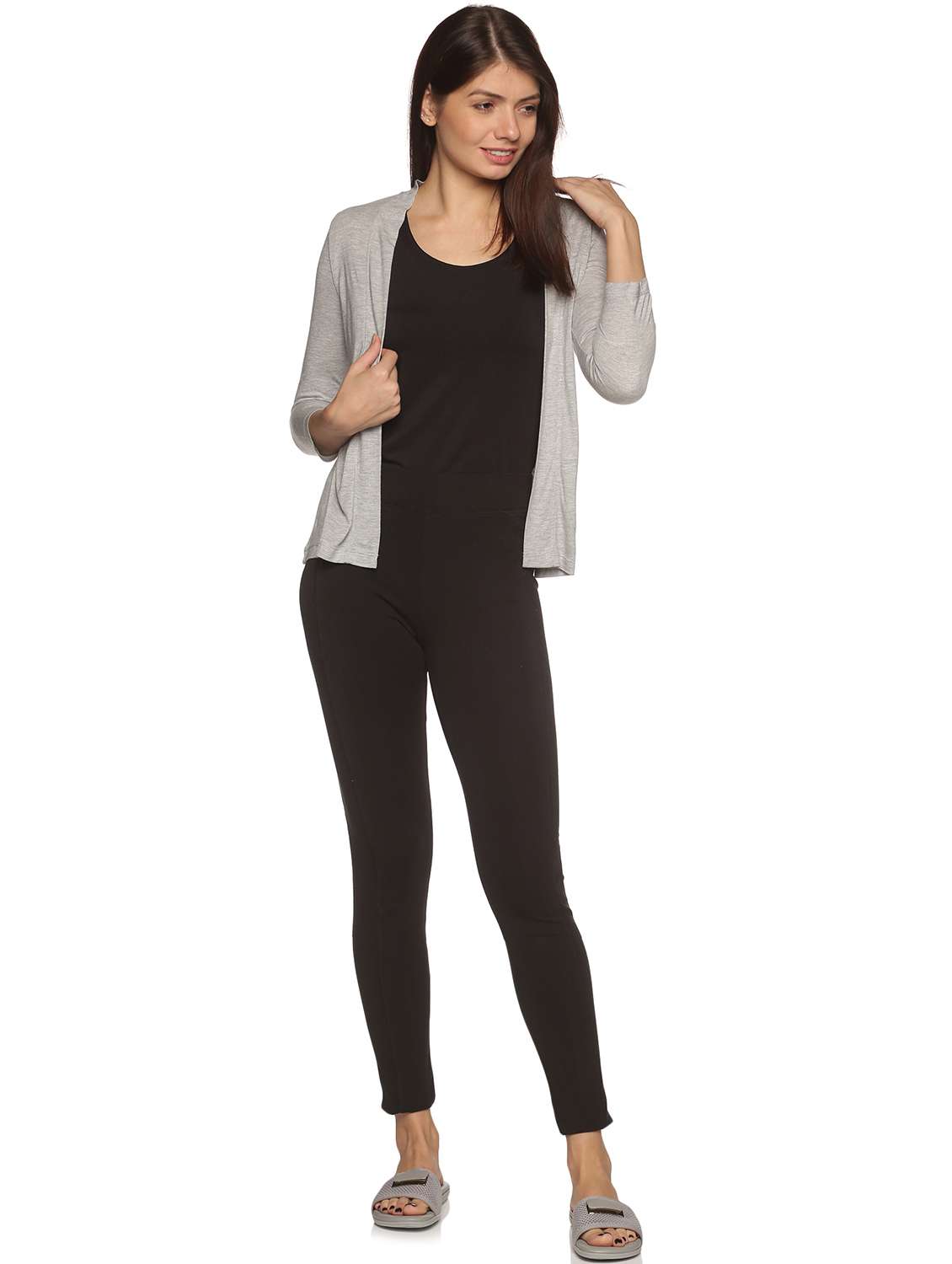 women solid tank top & tight with shrug set