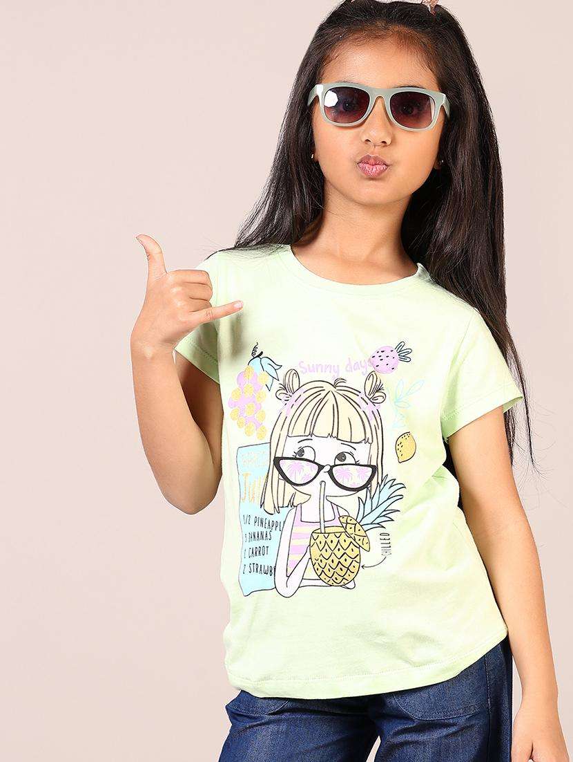 girls front print round neck casual t-shirt