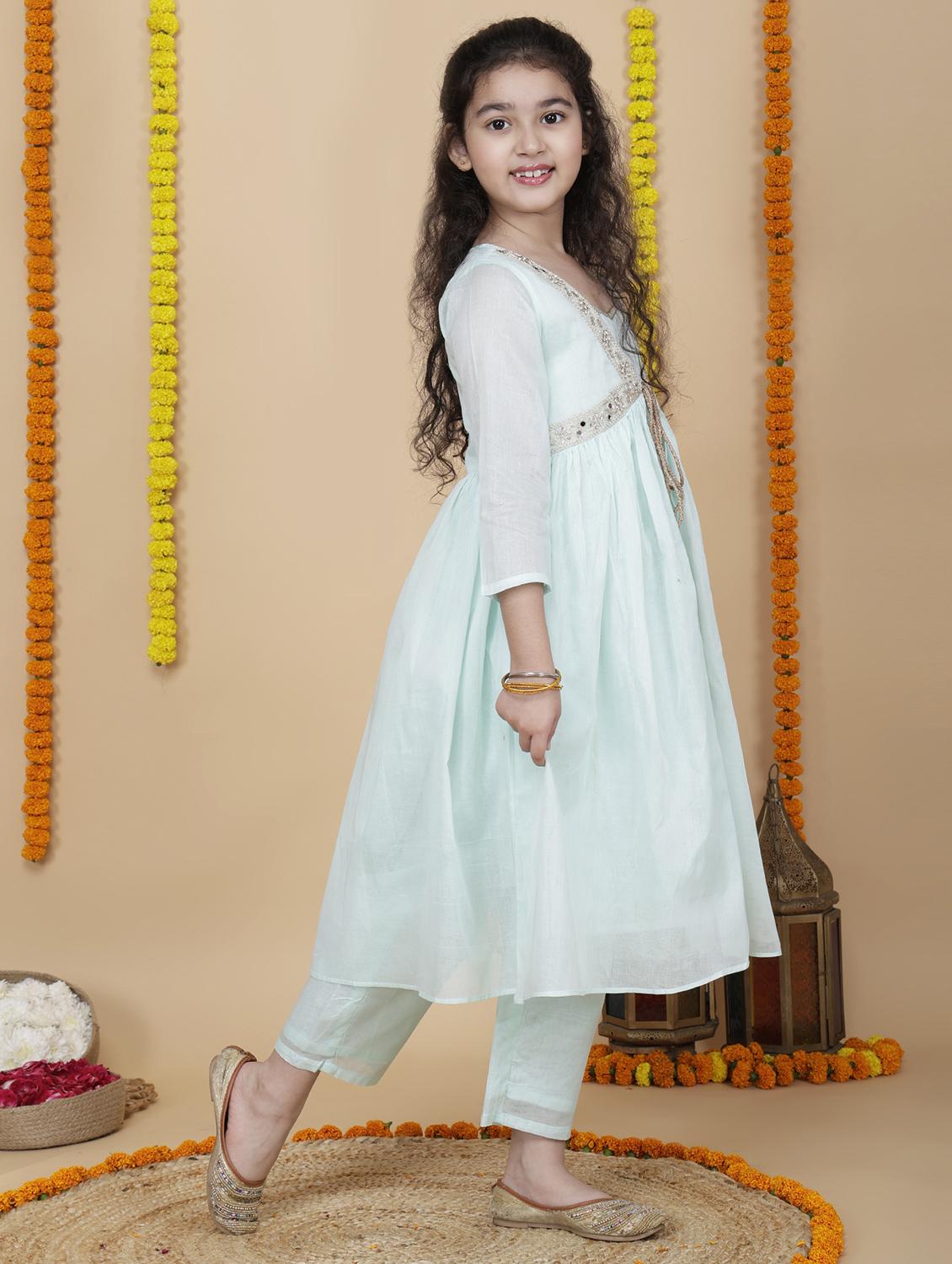 girls sea green embroidered kurta pant set - 21764866 - Standard Image - 2