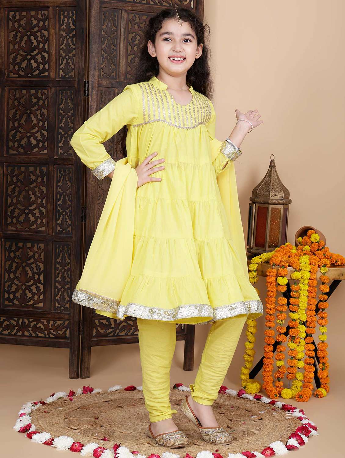 girls yellow gota work kurta churidaar set with dupatta