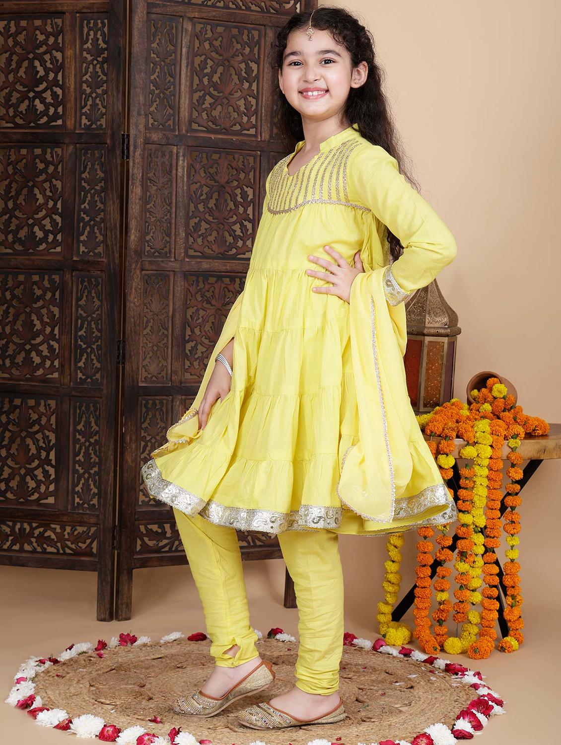 girls yellow gota work kurta churidaar set with dupatta - 21764868 - Standard Image - 2