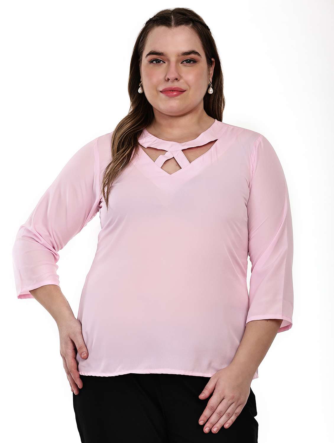 women plus size solid three quarter sleeves top - 21764927 -  Zoom Image - 0