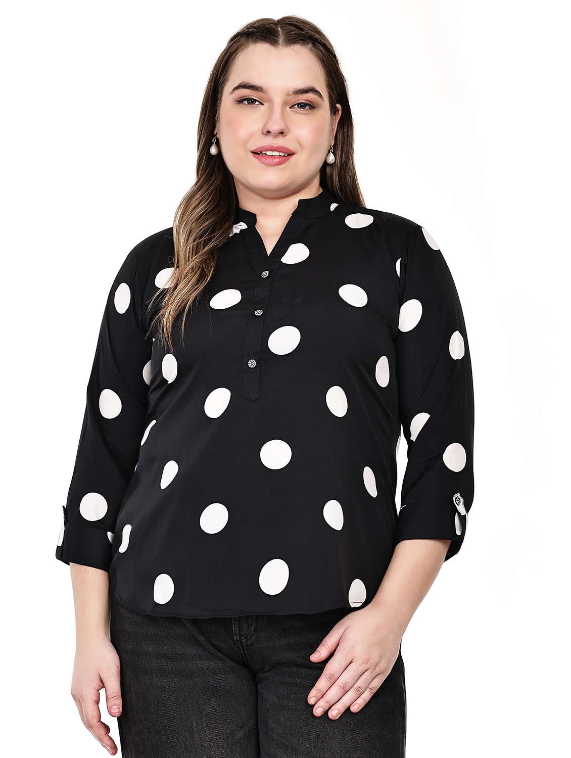 women plus size polka doted mandarin neck top - 21764931 -  Zoom Image - 0
