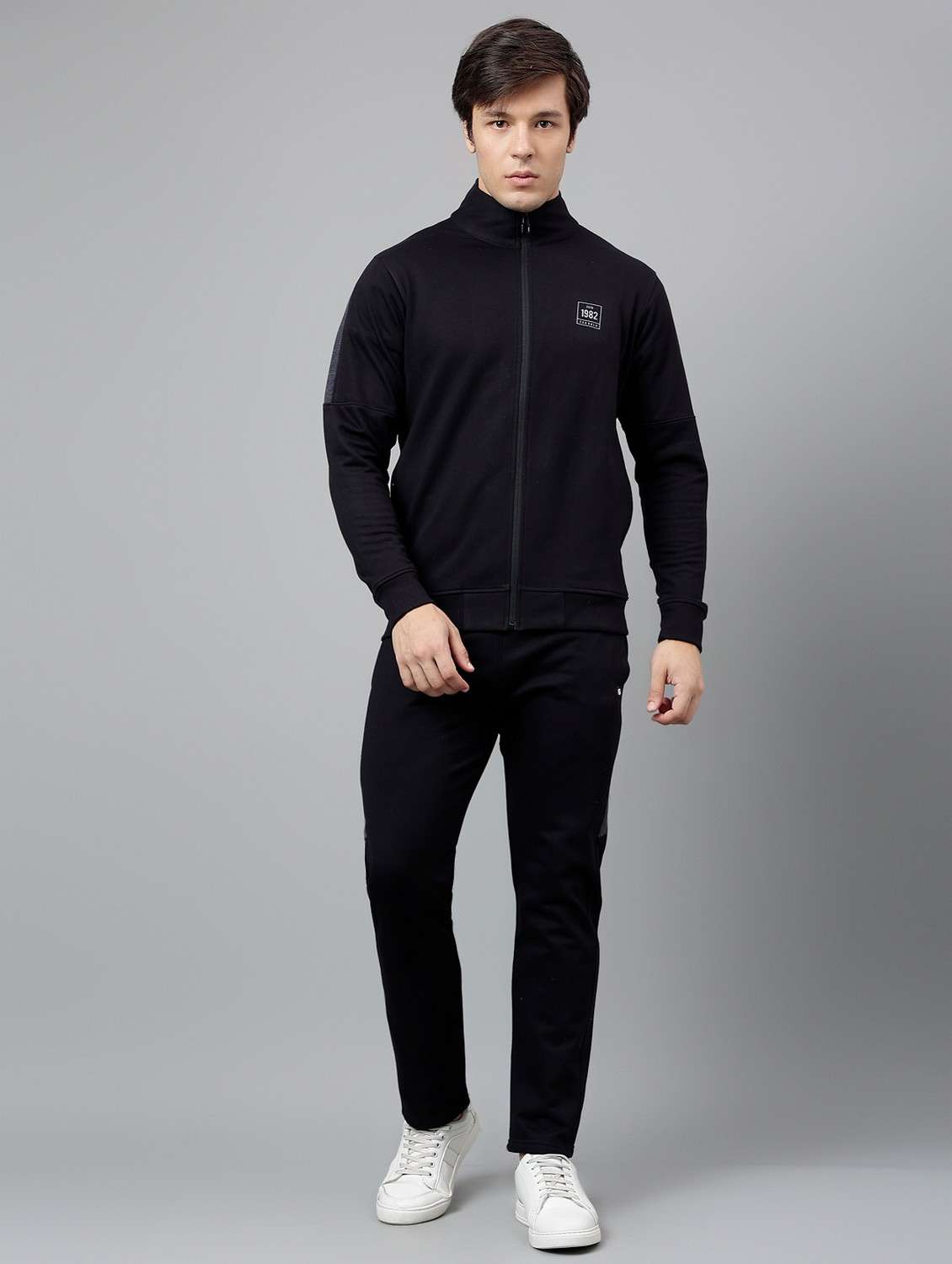 men solid stand collar full length track suit