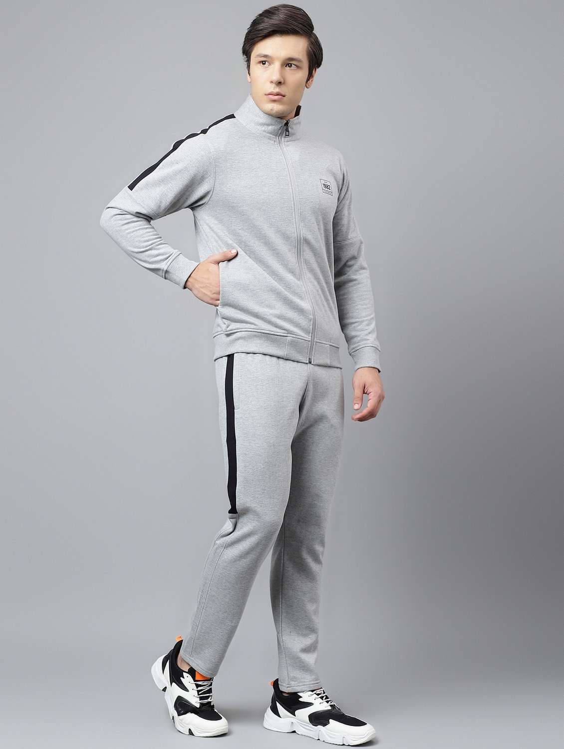men solid stand collar full length track suit - 21765008 -  Standard Image - 2