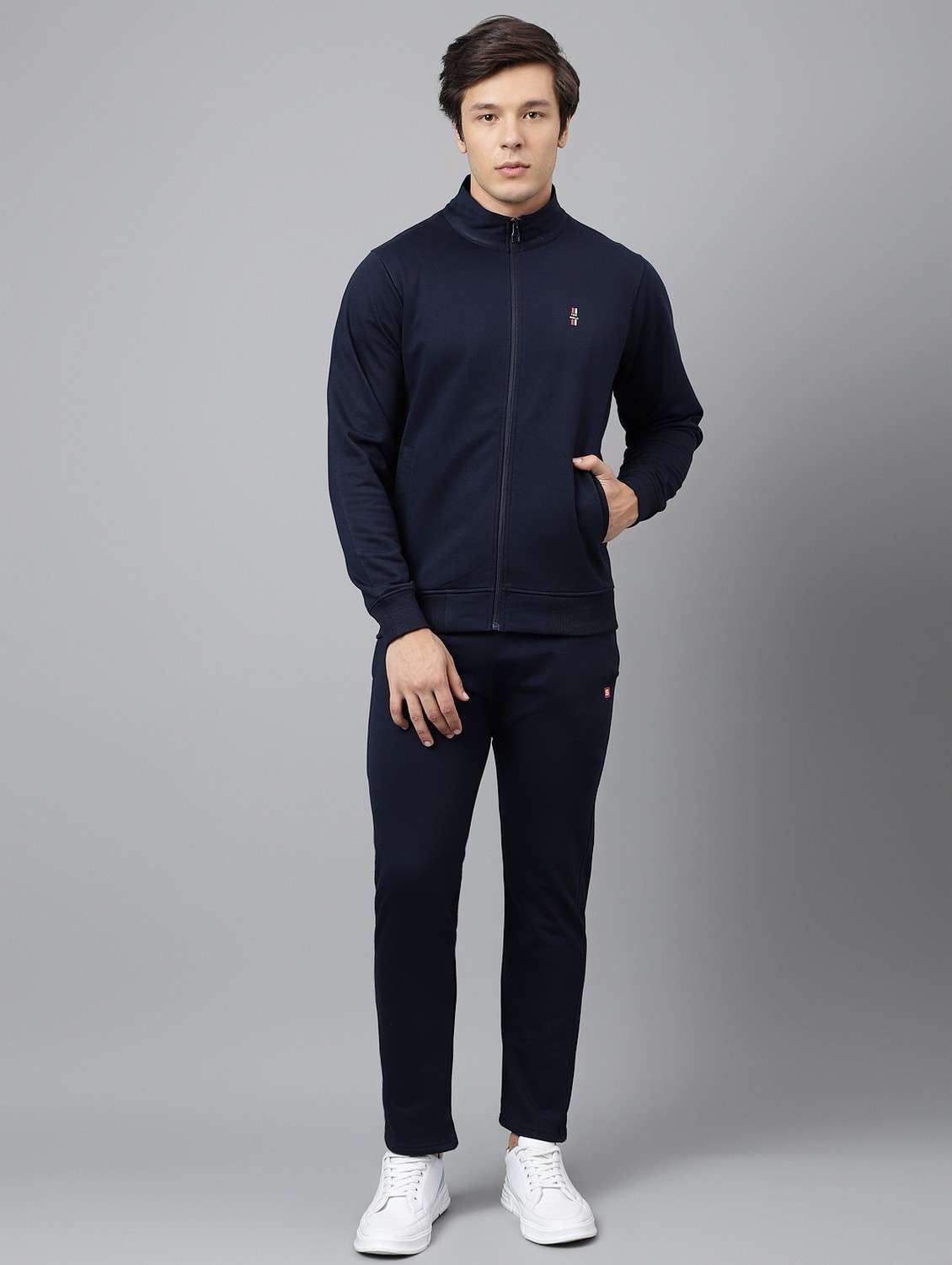 men solid stand collar full length track suit