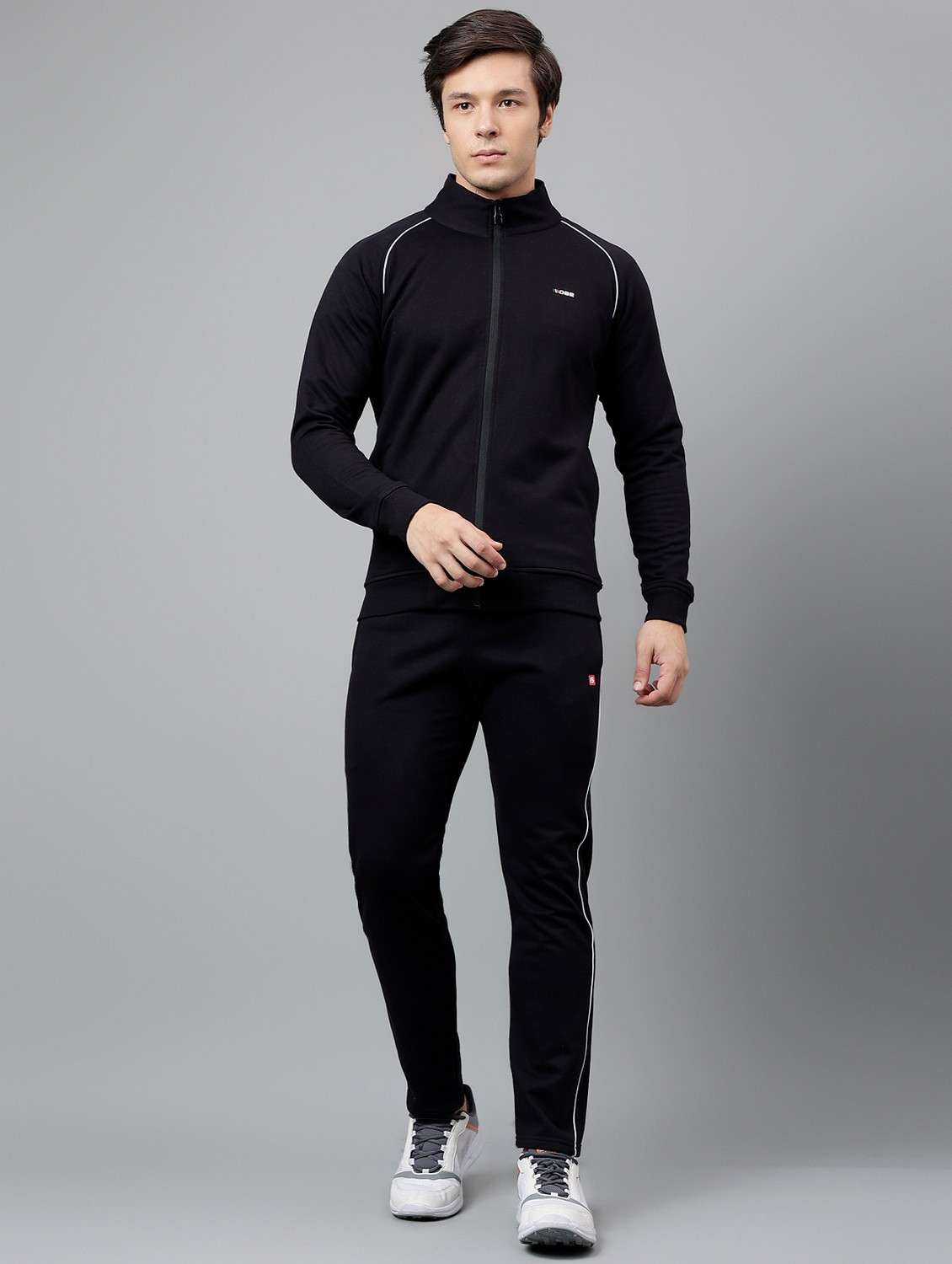 men solid stand collar full length track suit