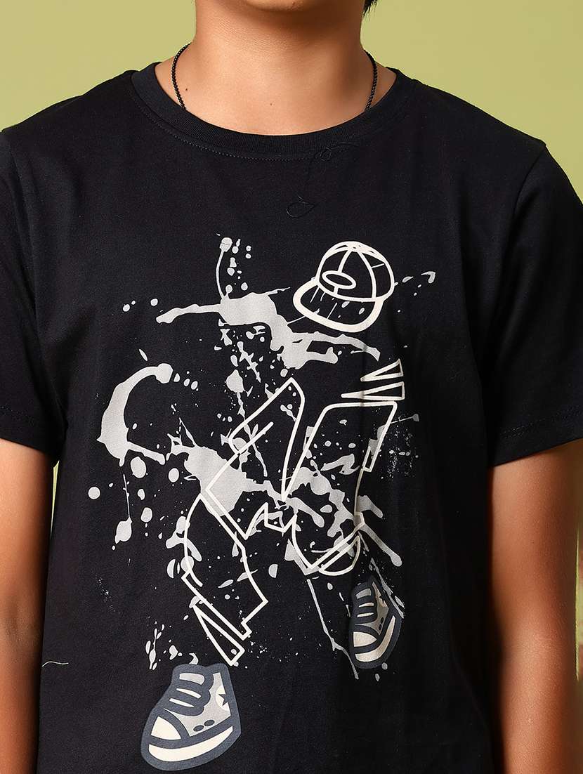 boys black front print round neck t-shirt - 21765369 -  Standard Image - 2
