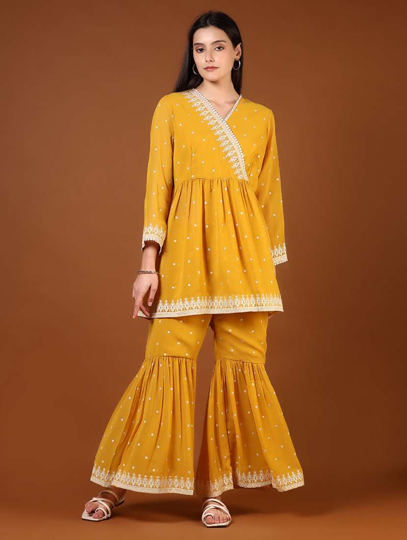 women's angrakha mustard embroidered kurta sharara set