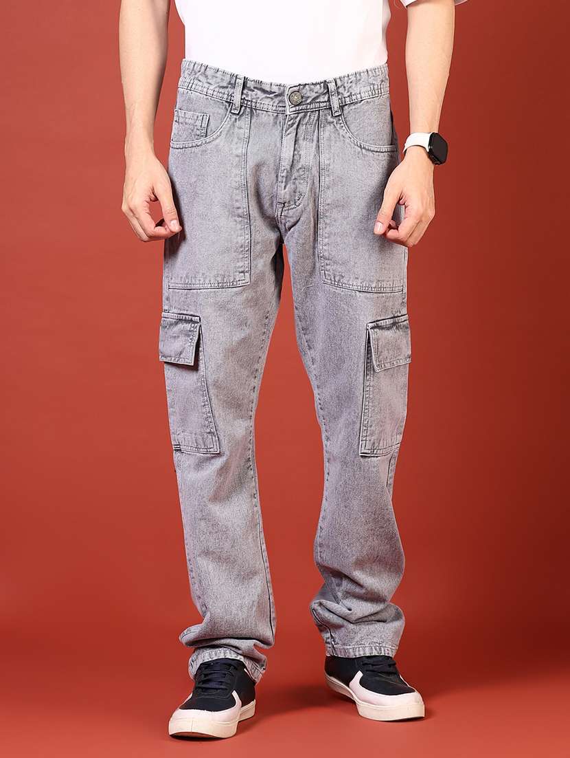 men solid mid rise denim cargo